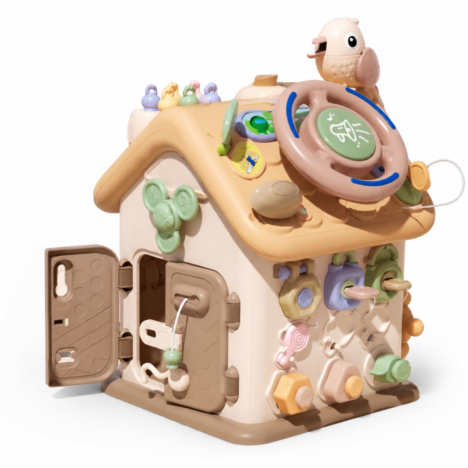 Busy Board a Forma di Casa Educativa Gioco Montessoriano con Serrature Educativo Pannello Sensoriale con Chiusure per Stanza Dei Giochi, Asilo Nido