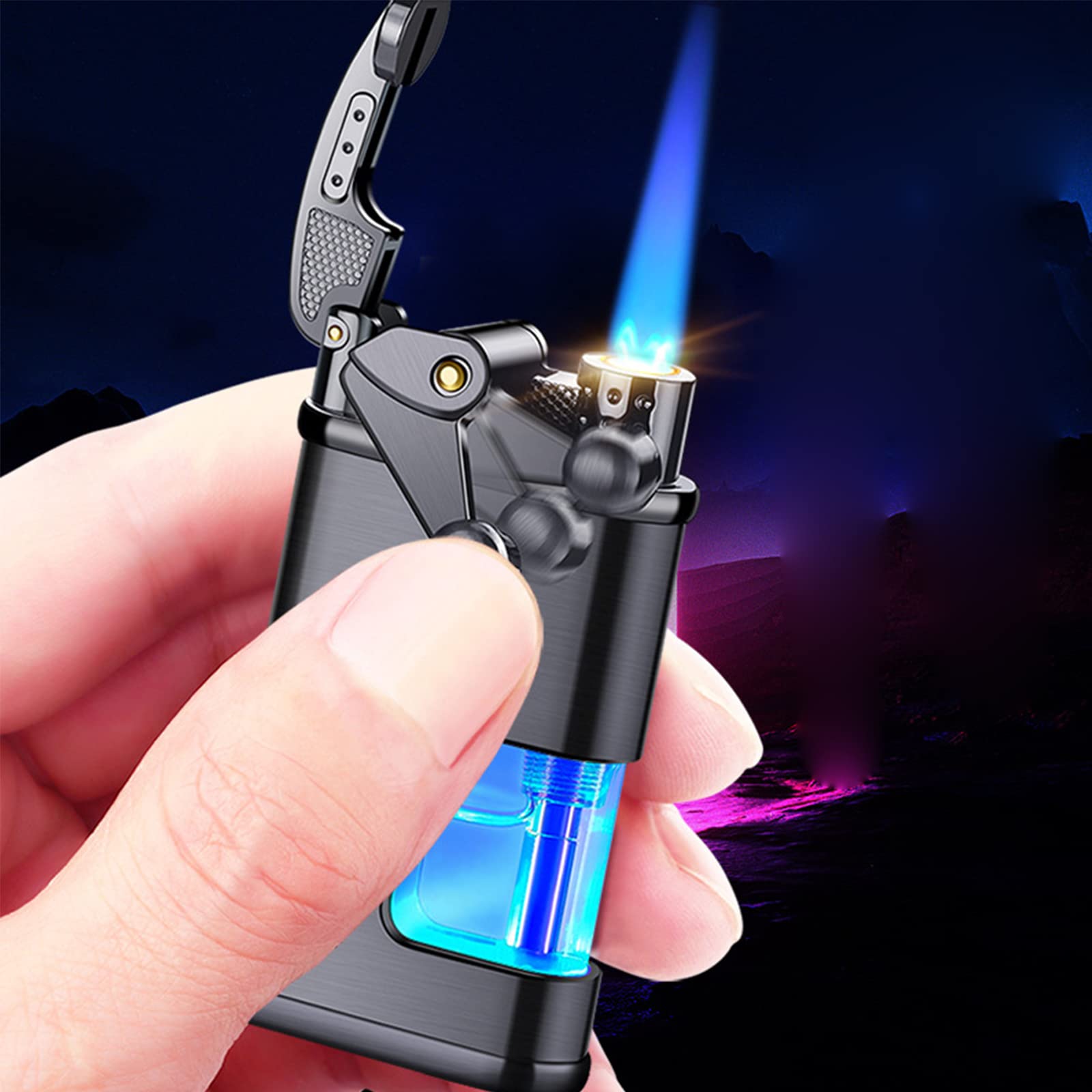 Briquets en Métal Culbuteur Briquet Flamme Bleue Coupe-Vent Cigare Gadgets Réservoir D'huile Transparent Accessoires de Fumer pour Hommes Cadeau