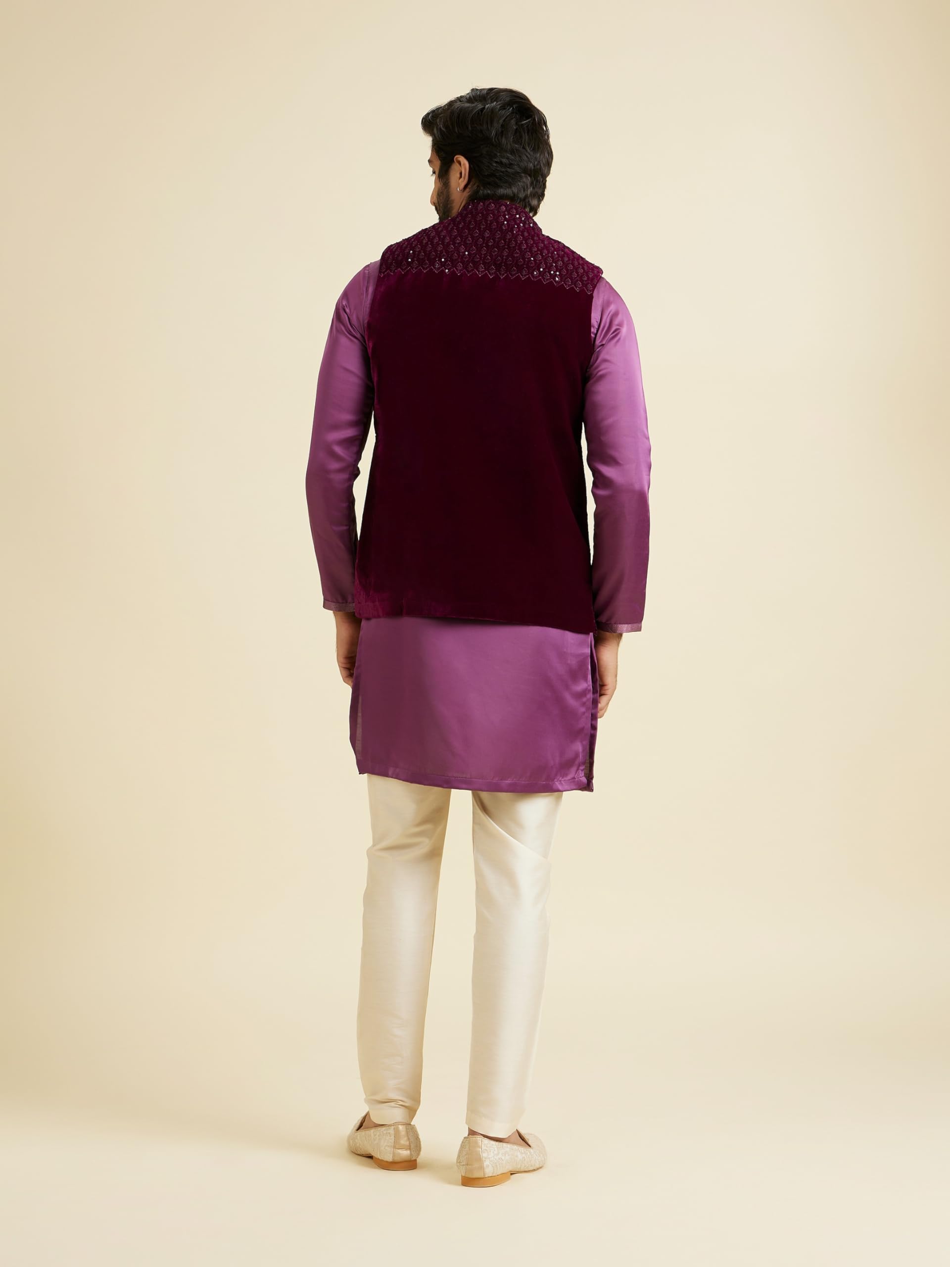 Manyavar Men's Velvet Sequinned Nehru Jacket(Wine,XL) 3