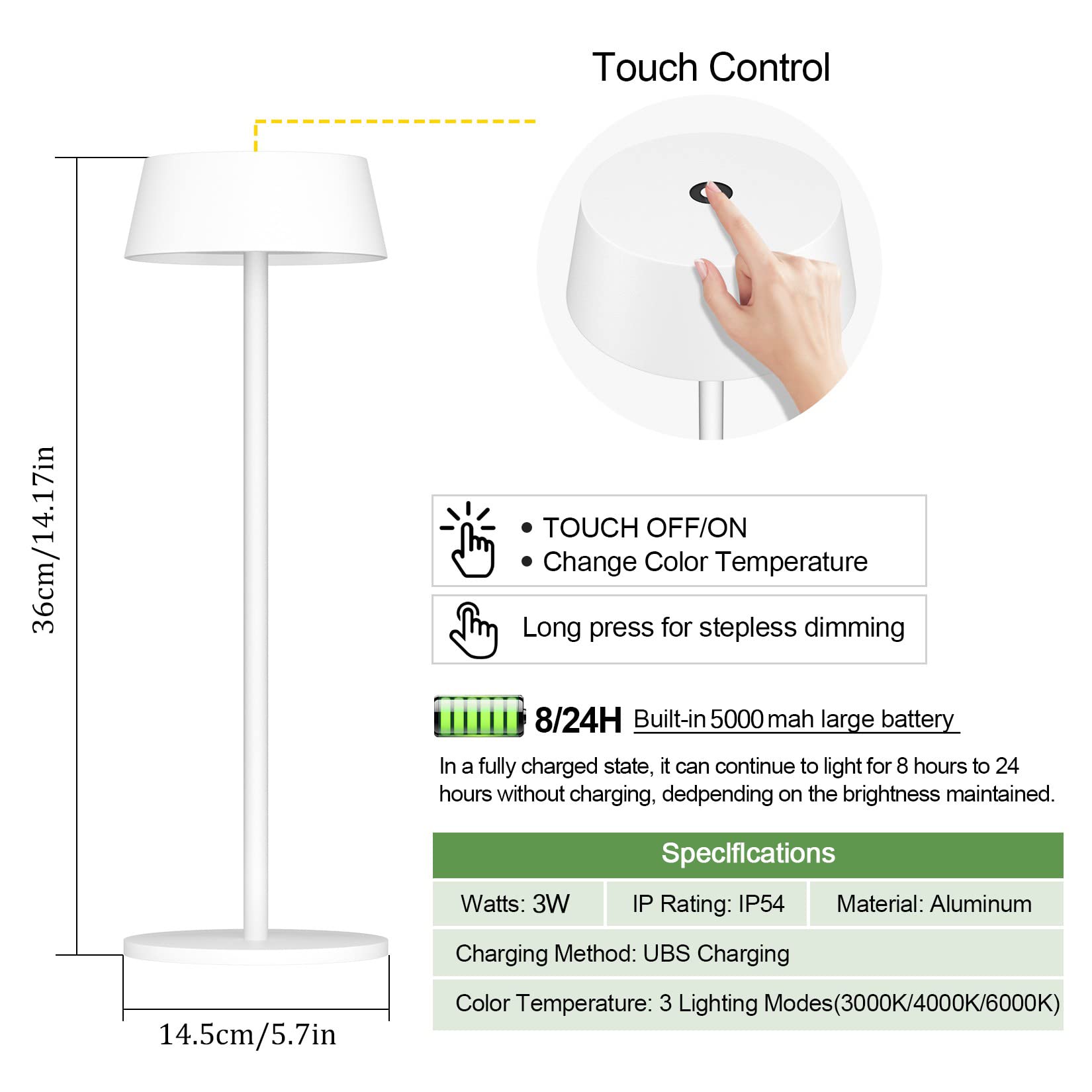 Klighten 2 Piezas LED Recargable Lámpara de mesa con batería, Regulable Antracita Lámpara de escritorio Aluminio con USB-C Carga para Interiores y Exteriore, 3000K/4000K/6000K, IP54