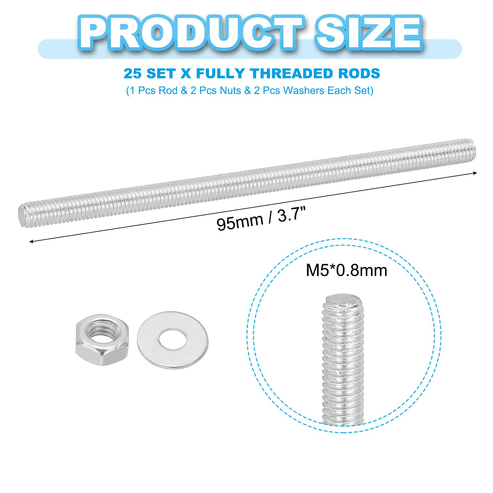 PATIKIL M5 Carbon Steel Fully Threaded Rods, 25 Set 3.7 Inch Length Long Threads Rod Bar Studs with Nuts and Washers for Furniture Mounting Machinery Manufacturing, White Zinc Tone - Image 2