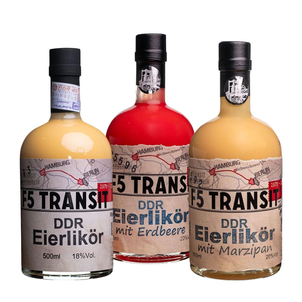 DDR Eierliköre im 3er-Set | Original + Erdbeere + Marzipan | 3 Flaschen je 500ml | F5 Transit | Schwechower Brennerei (1229)
