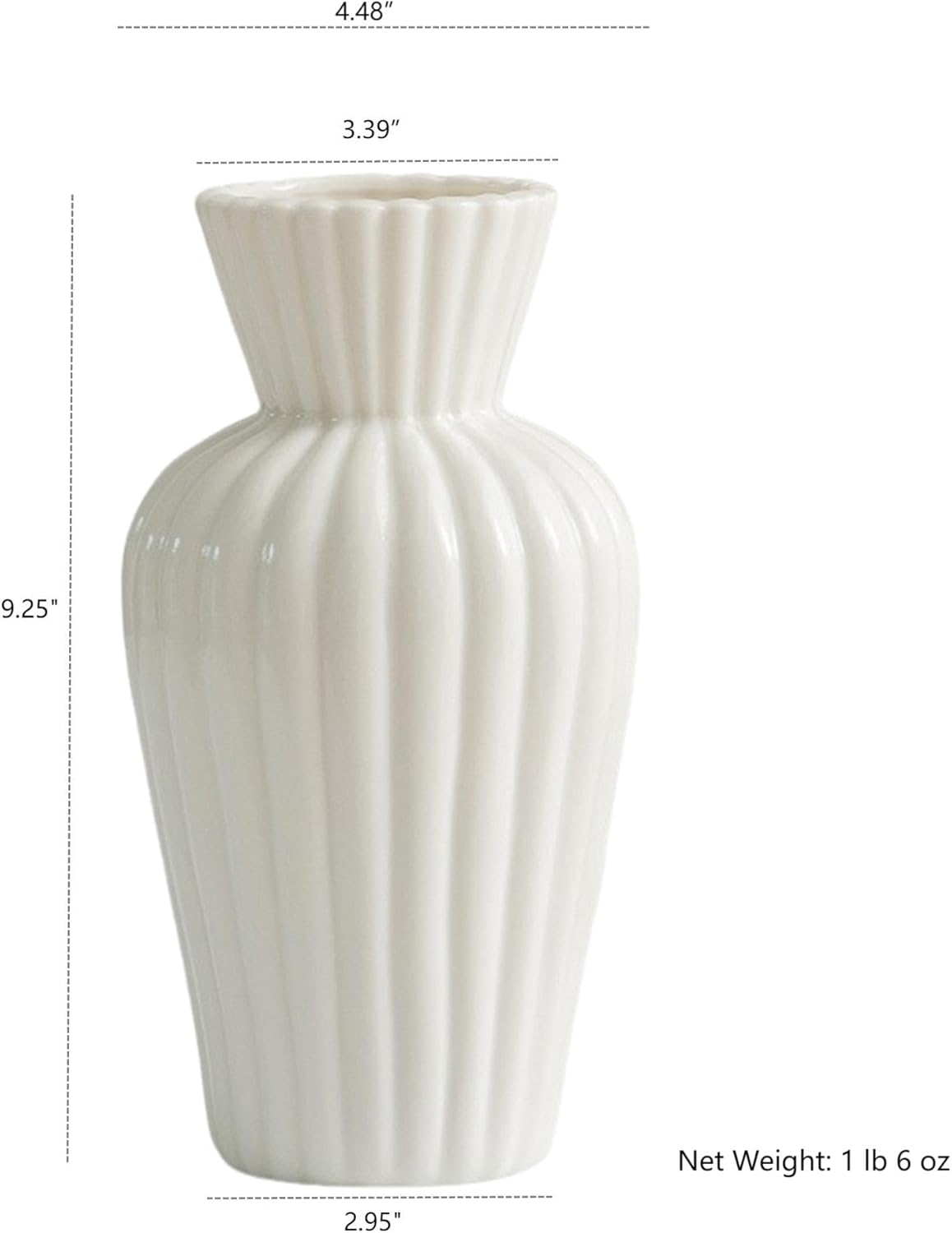 Minimalist White Ceramic Vase for Home Decor - 9.25" Modern Fluted Flower Bud/Table Centerpiece - Aesthetic Nordic Farmhouse Decorative Pottery for Living Room, Shelf, Wedding Gift