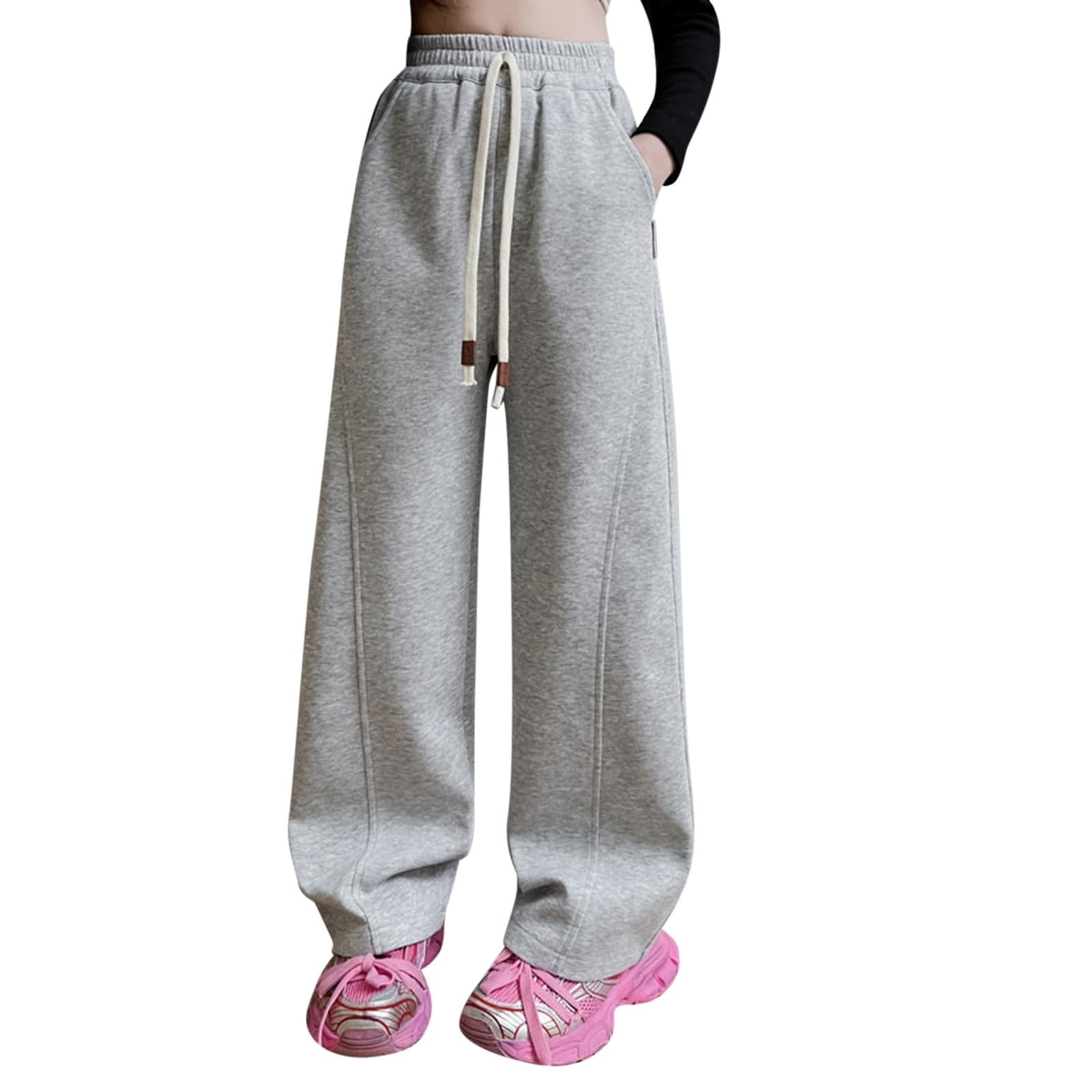 Cokbyavla Women's B-Light Gray Junior Leggings For Teen Girls, Girls Grey Uniform Pants Tween Clothes White Cargo Pants Kids Cross Waist Leggings Plaid Wide Leg Kids Rain Pa Kid 10-12 Years