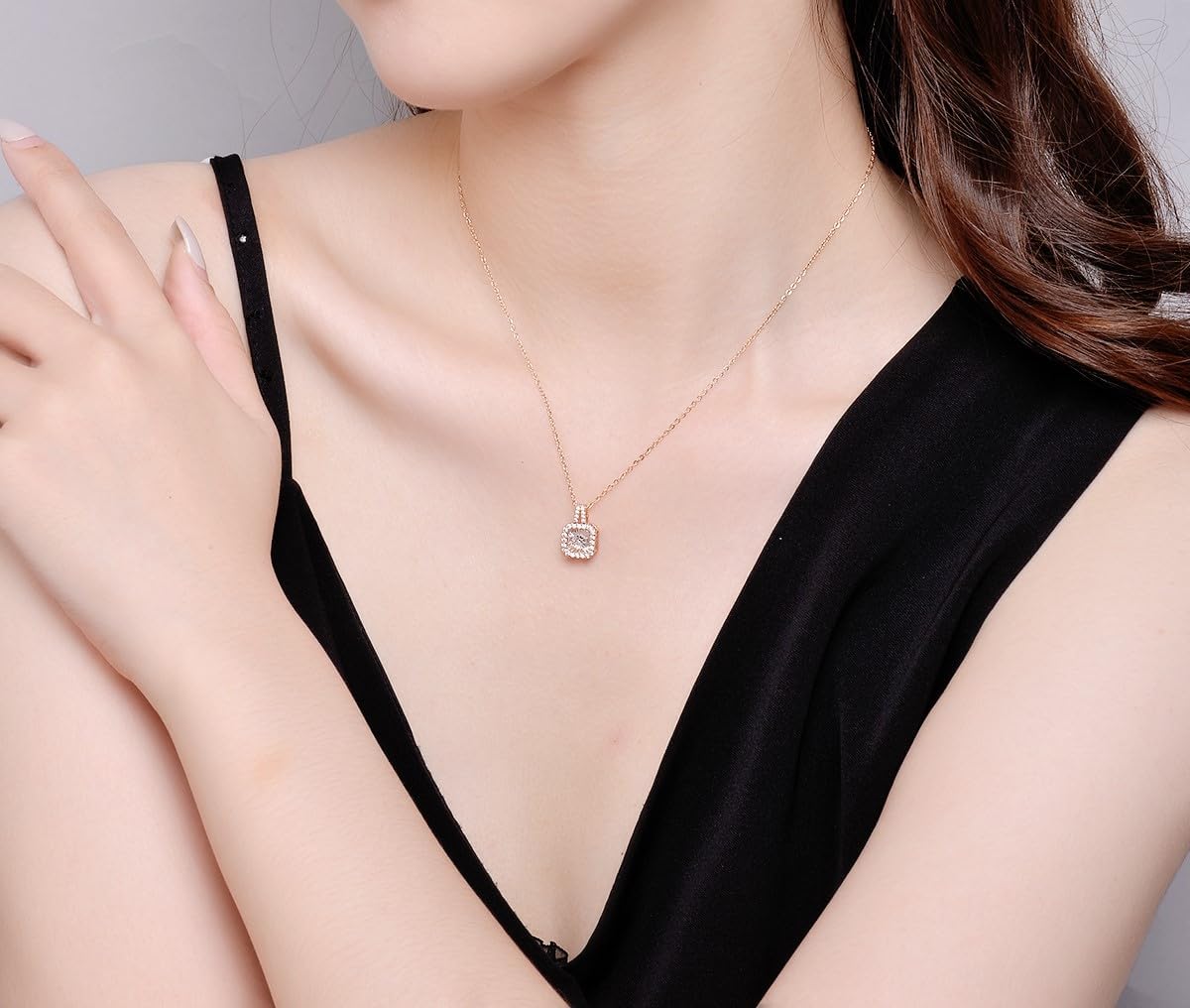 Classic Square Pendant Necklace with Floating Dancing Diamond for Women, 18K Gold Plated - Image 5