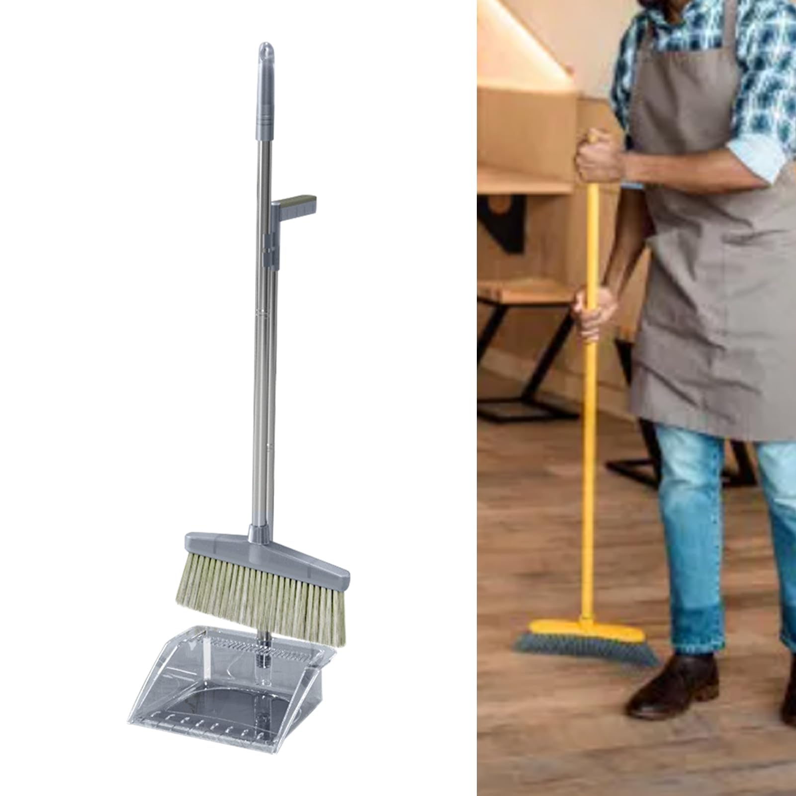 Broom Dustpan Set, PP Transparent Easy Assembly Large Capacity Household Broom Dustpan for Bedroom (Grey)