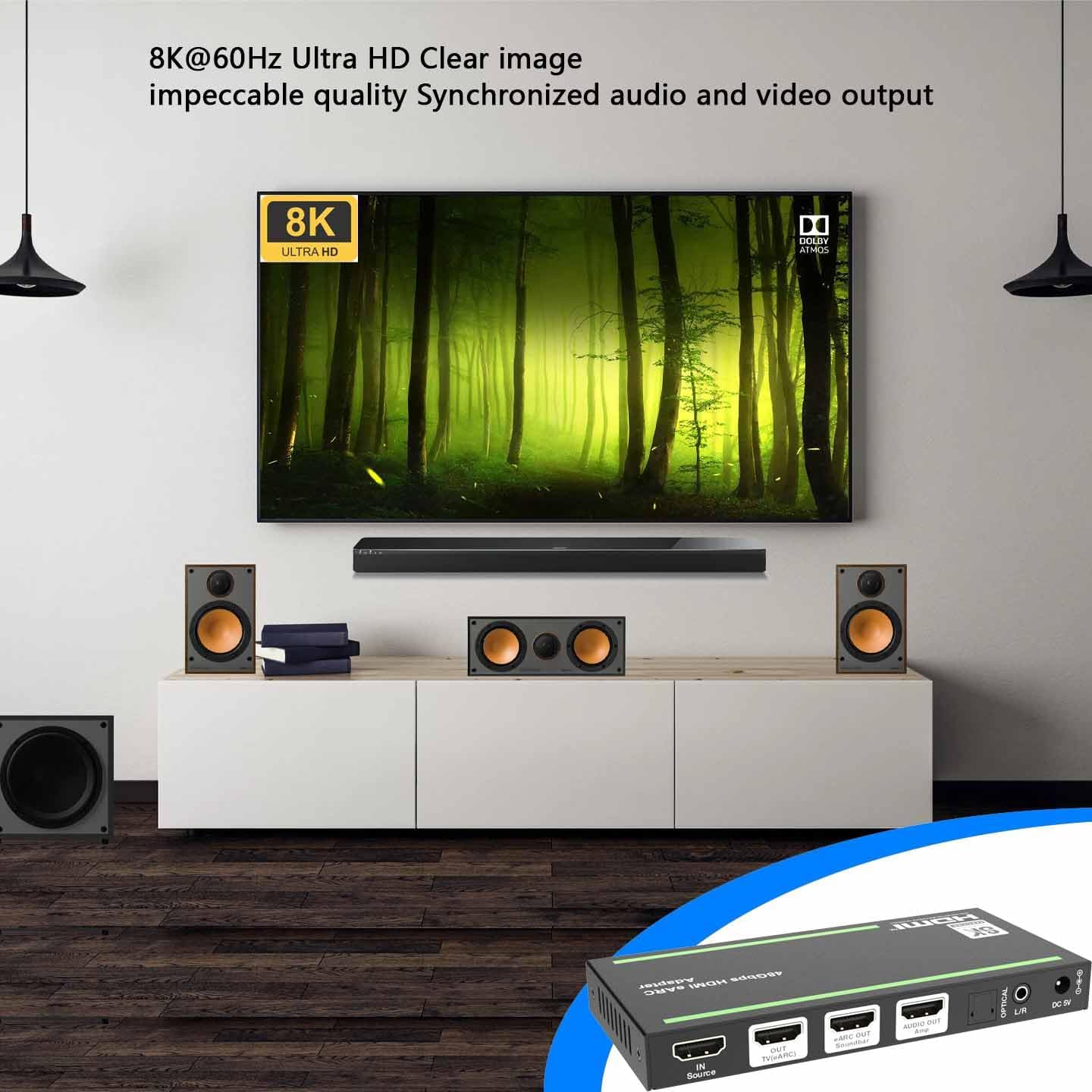 Image showing a TV displaying 8K@60Hz Ultra HD content with a soundbar and speakers, emphasizing clear image and synchronized audio/video output.