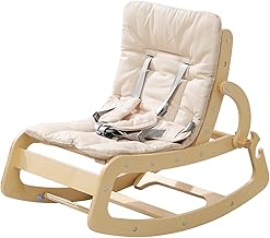 3-in-1 Baby Bouncer Adjustable Wooden Rocker Chair, Ergonomic Design Baby Lounger with Removable Cushion,Seat Belt and Booster, Recliner for Infants to Toddler (Beige)