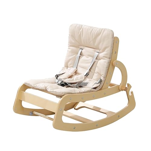 Silla mecedora de madera ajustable 3 en 1, diseño ergonómico, con cojín extraíble, cinturón de seguridad y refuerzo, reclinable para bebés y niños