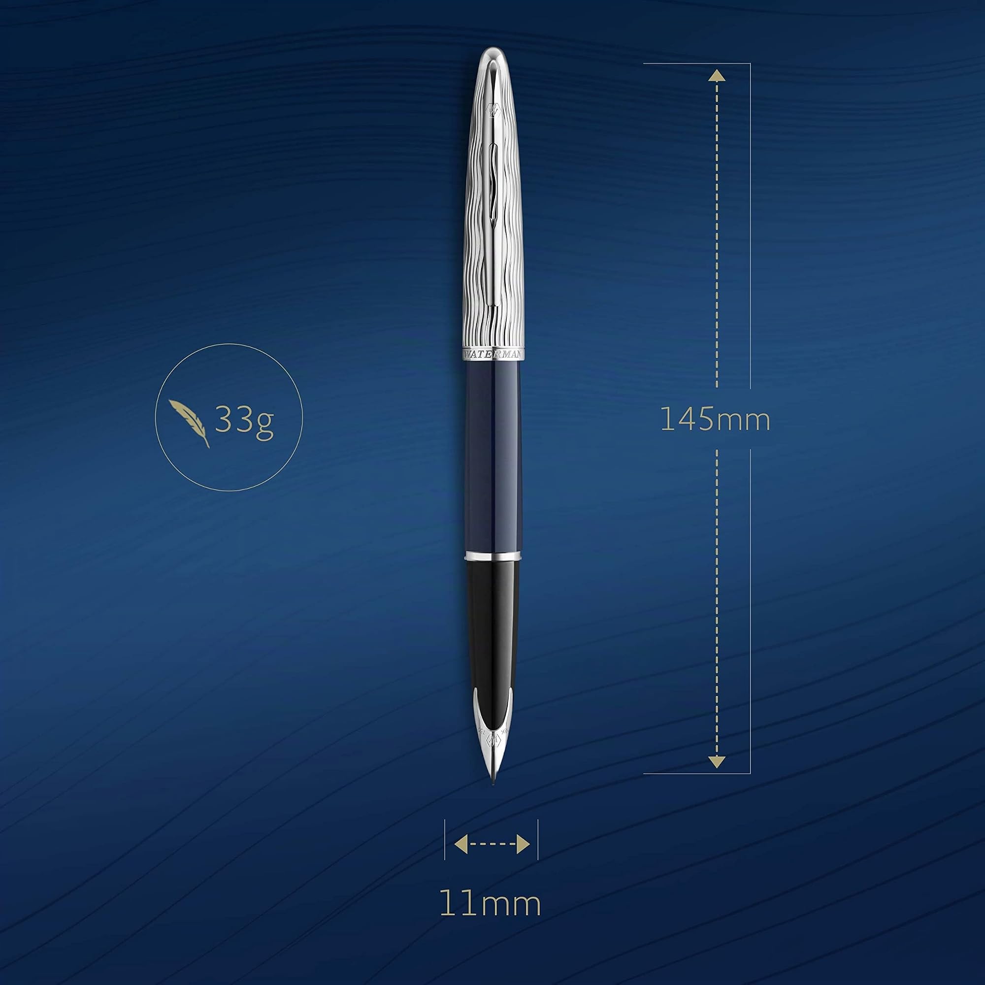 Waterman Carène pluma estilográfica | Metalizada y lacada en azul | Capuchón labrado | Plumín mediano de 18 K | Tinta azul | Estuche de regalo