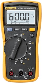 Fluke 115 True RMS Digital Multimeter - 600V AC/DC Voltage, 10A Current, Resistance, Continuity, Frequency, Capacitance - CAT III 600V Field Technician Tool