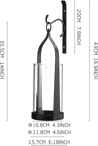 Miniatura 2 de Aplique colgante de pared medieval moderno montado en la pared, portavelas de huracán de vidrio y metal, decoración de pared hecha a mano, negro