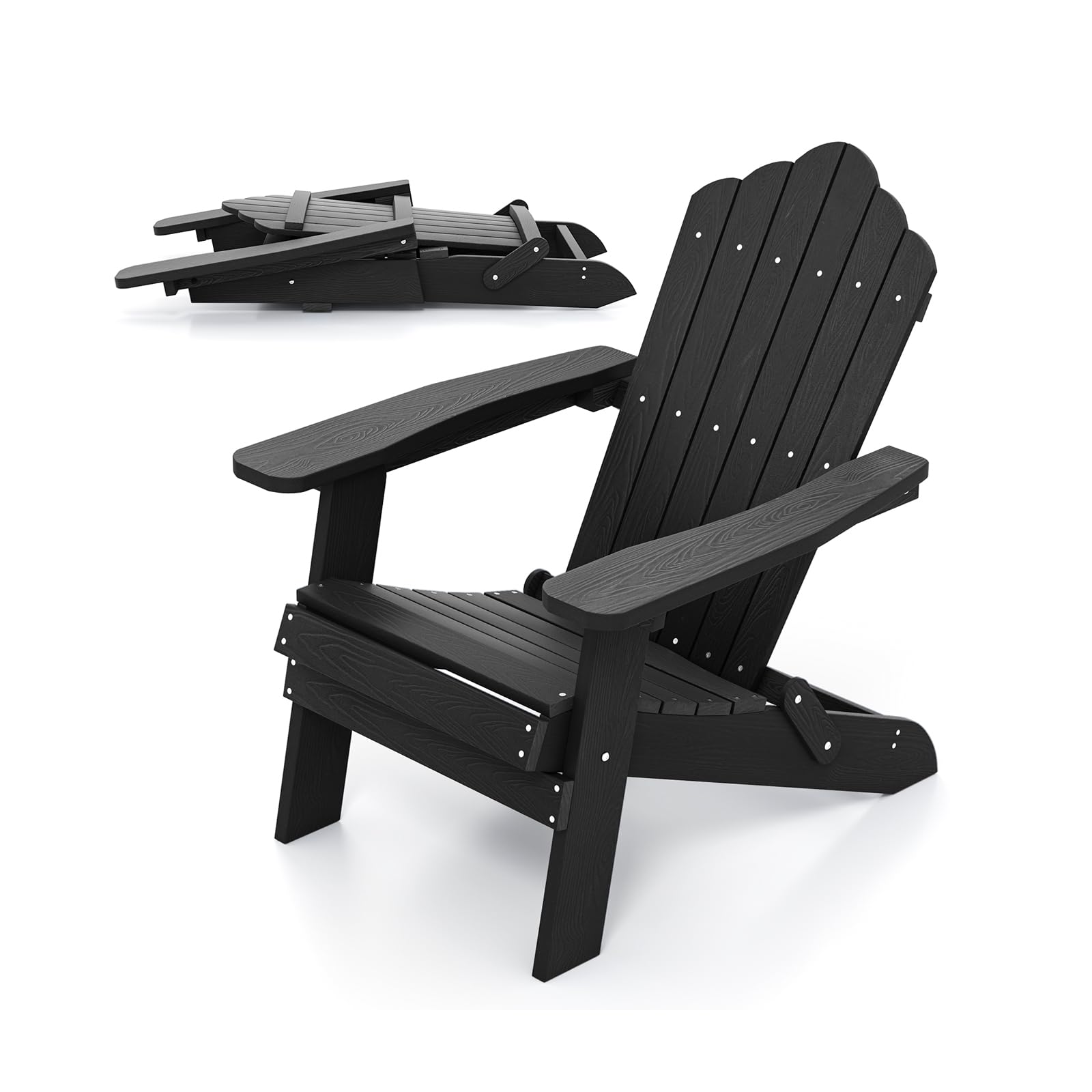 KOMFOTTEU Adirondack - Sedia pieghevole, sedia da giardino con schienale inclinato e braccioli larghi, poltrona ergonomica con carico di 180 kg, seduta esterna per balcone, terrazza (nero)