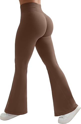 RUUHEE Pantalones de yoga cruzados acanalados para mujer con bolsillos, cintura alta, acampanados, leggings acampanados