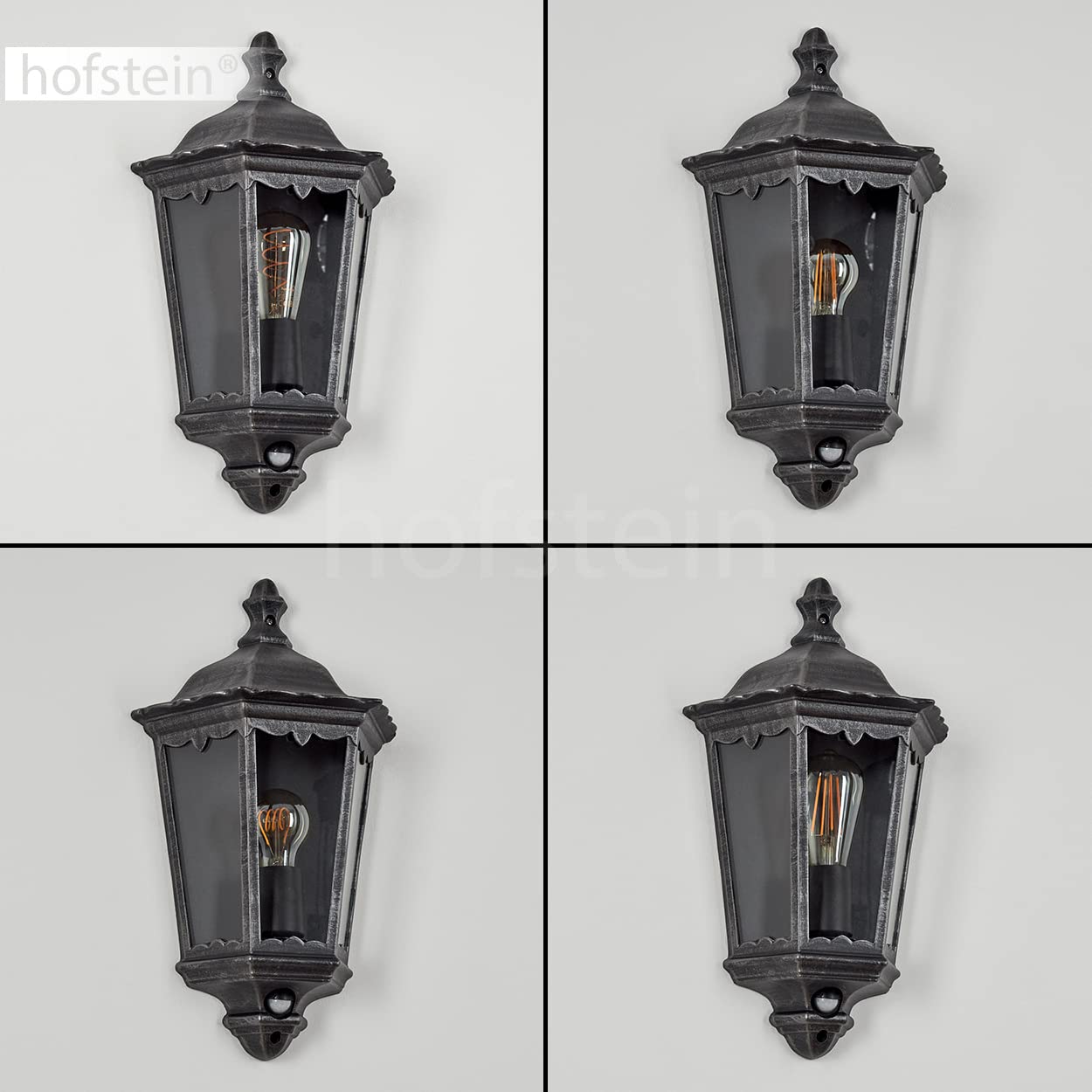 Applique d'extérieur Hongkong avec détecteur de mouvement, lampe murale à l'aspect antique, métal/verre en noir-argent/clair,applique rétro/vintage,douille E27, pour terrasse/cour/entrée,sans ampoules
