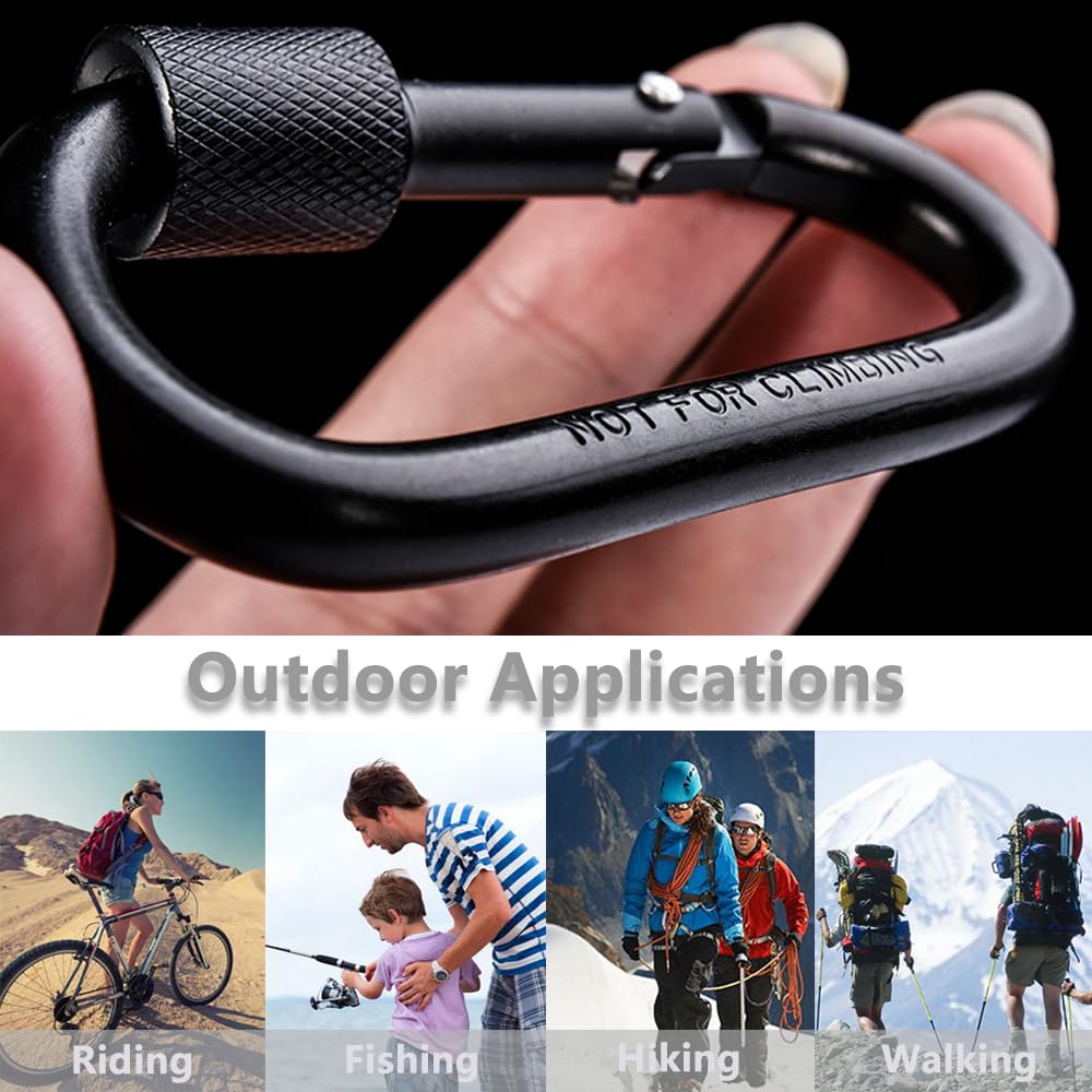MABUSIYI D-ring karabijnhaak clip met schroefslot, 8 cm/3 inch heavy duty aluminiumlegering vergrendeling sleutelhanger karabijnhaak clip haak voor camping wandelen rugzak (4, 4 stuks zwart