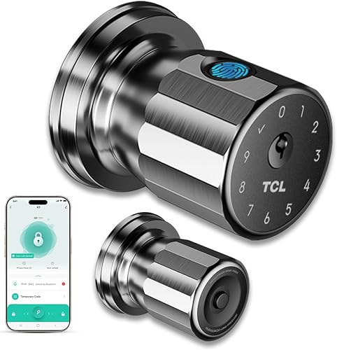 TCL K1 Smart Knob, Fingerprint Door Knob with Lock, Keyless Entry Biometric Electronic knob, App Control & Code Keypad Door Lock for Bedroom,