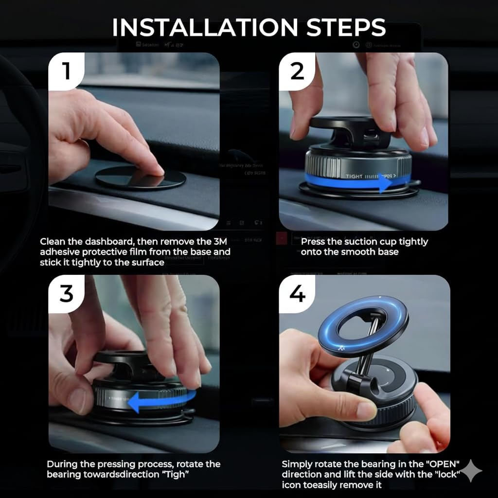 2026 Upgraded Vacuum Magnetic Phone Holder for Car, 360° Rotatable Suction Mount, Foldable & Adjustable for Car/Gym/Smooth Surface, Phone Holder with 3 Extra Rings for iPhone 17 16 15 14 13 & Android — view 2