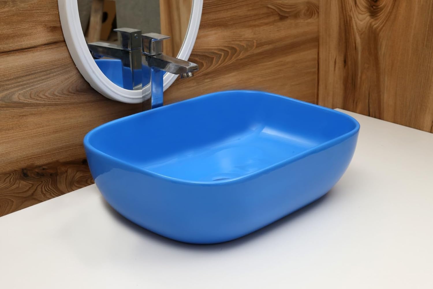 MAHISRE Ceramic Countertop Wash Basin | Designer Table Top Bathroom Basin Sink | Vessel Sink Wash Basin Over Counter for Bathroom, Hotel, Home Living Room (18x13x5.5 Inch) (Glossy Light Blue)