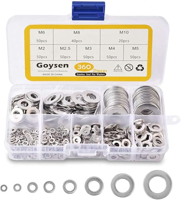 Goysen Stainless Steel Flat Washers, 360PCS Assorted Flat Metal Washers with Plastic Compartment Container - 8 Different Sizes (M2 M2.5 M3 M4 M5 M6 M8 M10) for Home, Automotive & Shop Use