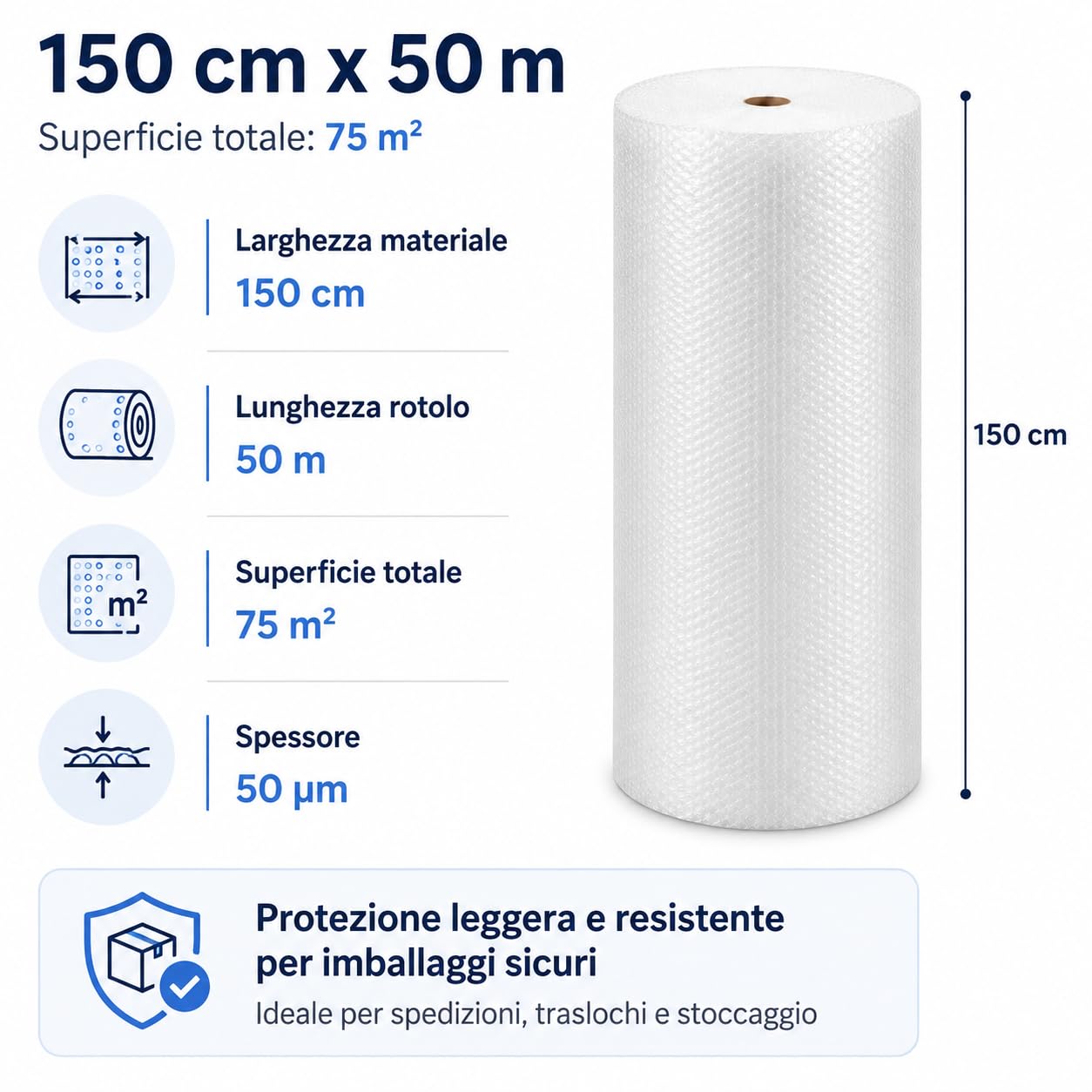 All4All Pluriball per Imballaggio 150 cm x 50 m, 75 m², Spessore 50 µm, Rotolo Extra Largo, Protezione Antiurto per Traslochi, Mobili e Oggetti Fragili