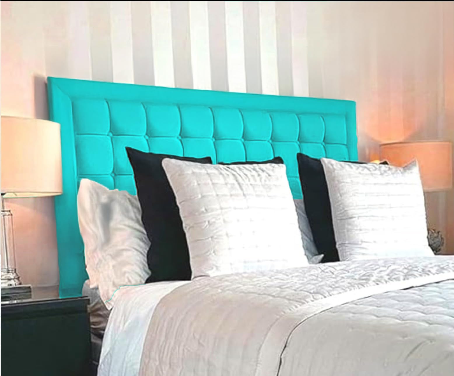 luxisleepltd Tufted Velvet Cube Bumper Headboard, 26, 30, 36 inches, Plush Velvet, 91.4, 137.2, 182.9 cm (Teal, 4ft-30''Tall)