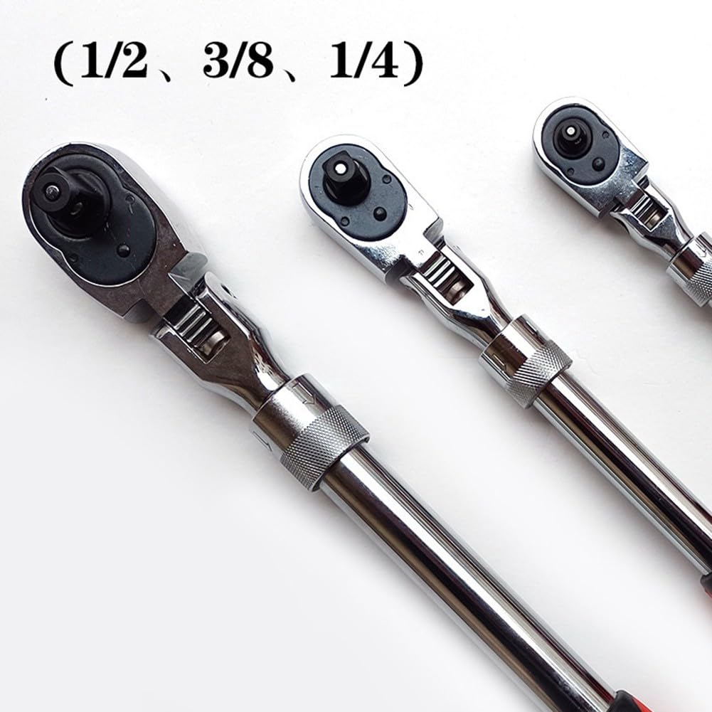 Chiave a cricchetto retrattile da 1/4", 3/8", 1/2", meccanismo reversibile a 72 denti, con pulsante di sgancio rapido per una facile rimozione della presa, colore rosso