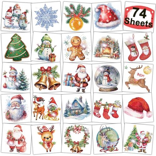 CHARLENT Glitter Christmas Temporary Tattoos for Kids - 74 Individually Sheets for Xmas Party Favors Stocking Stuffer Christmas Eve Gift