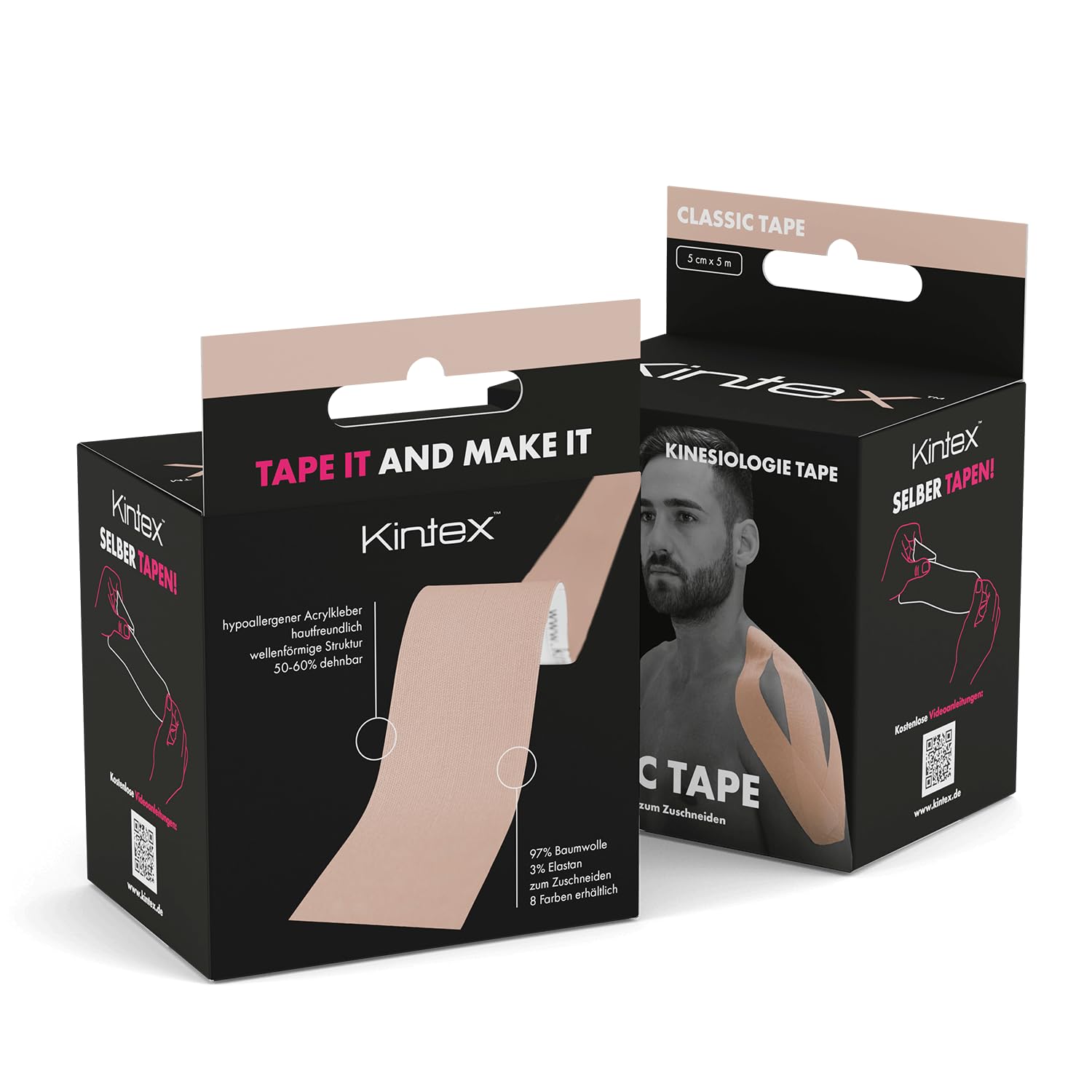 Kintex Taśma kinezjologiczna, 2 rolki taśmy kinezjologicznej, 5 cm x 5 m, przyjazna dla skóry i wodoodporna, taśma kinezjologiczna, taśma medyczna (beżowa)