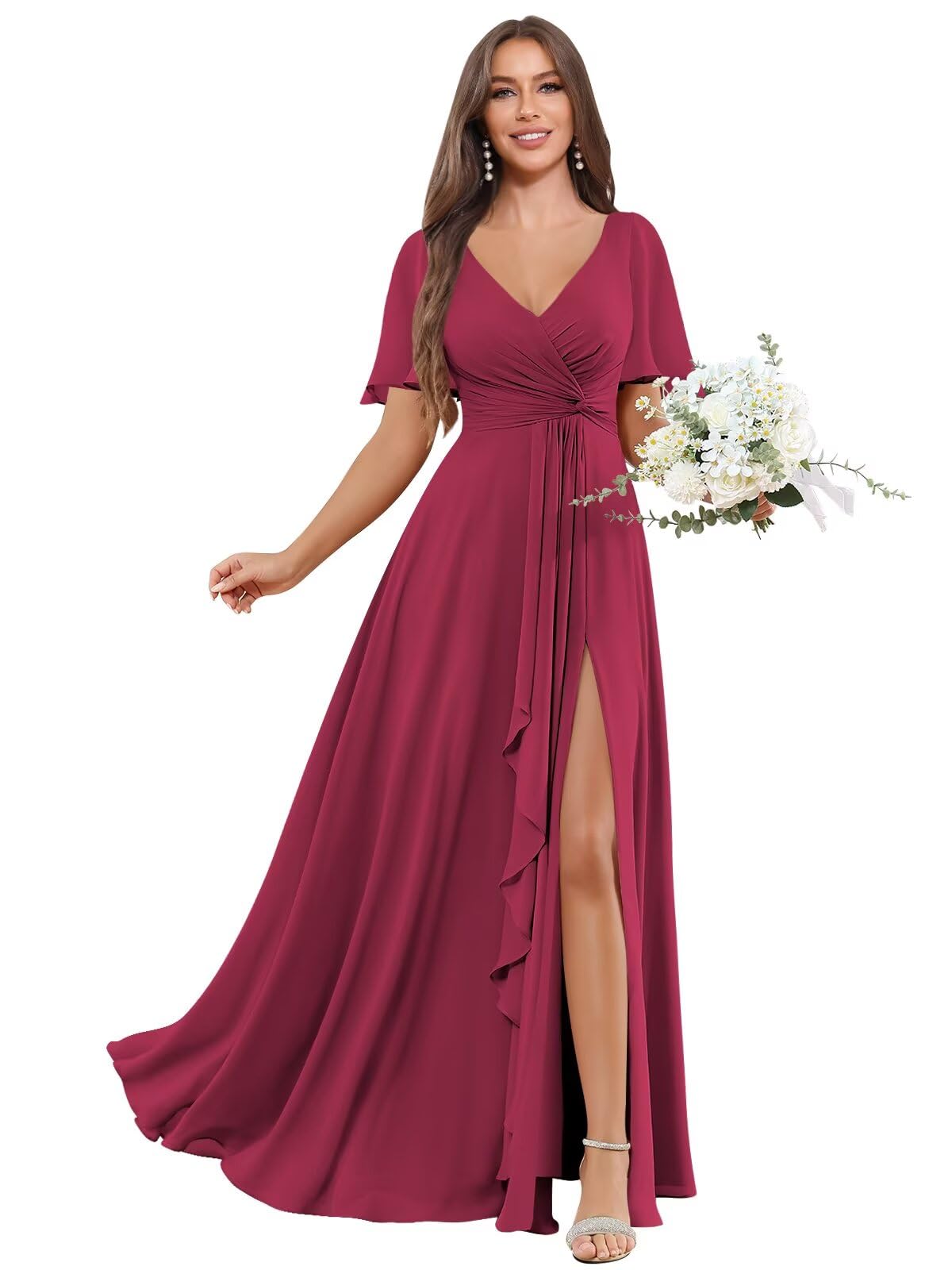 BOLENSYE Short Sleeve Chiffon Bridesmaid Dresses Long A Line V Neck Ruched Evening Party Gown for Bridal Party Girls with Pockets