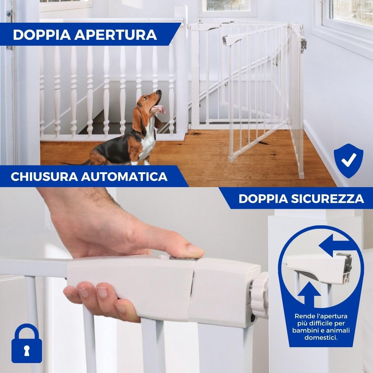 Mobiclinic® kids, Cancelletto di sicurezza per bambini e animali domestici, Raily, Chiusura automatica, Doppia apertura, Larghezza da 75 a 82 cm, Montaggio pressione senza fori, Scale porte