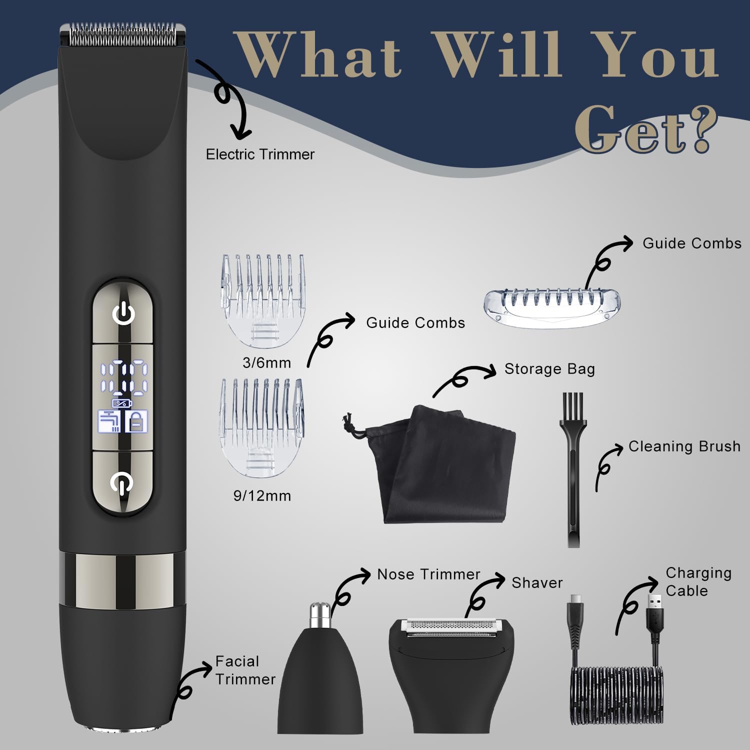Contents of the Hatteker grooming kit, including the electric trimmer, guide combs, storage bag, cleaning brush, nose trimmer, shaver, facial trimmer, and charging cable.