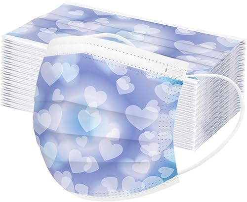 Jtckarpu 50 máscaras desechables para mujer, estampado de corazón, con cinta elástica para las orejas y clip para la nariz, para el cuidado de la