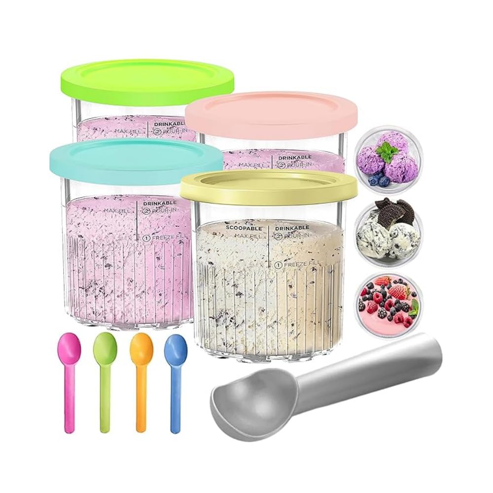 SunshineFace Ninja Creami Deluxe Lot de 4 bacs à crème glacée avec couvercles colorés et cuillères à crème glacée de 710 ml pour Ninja Creami Deluxe NC500 NC501 Series