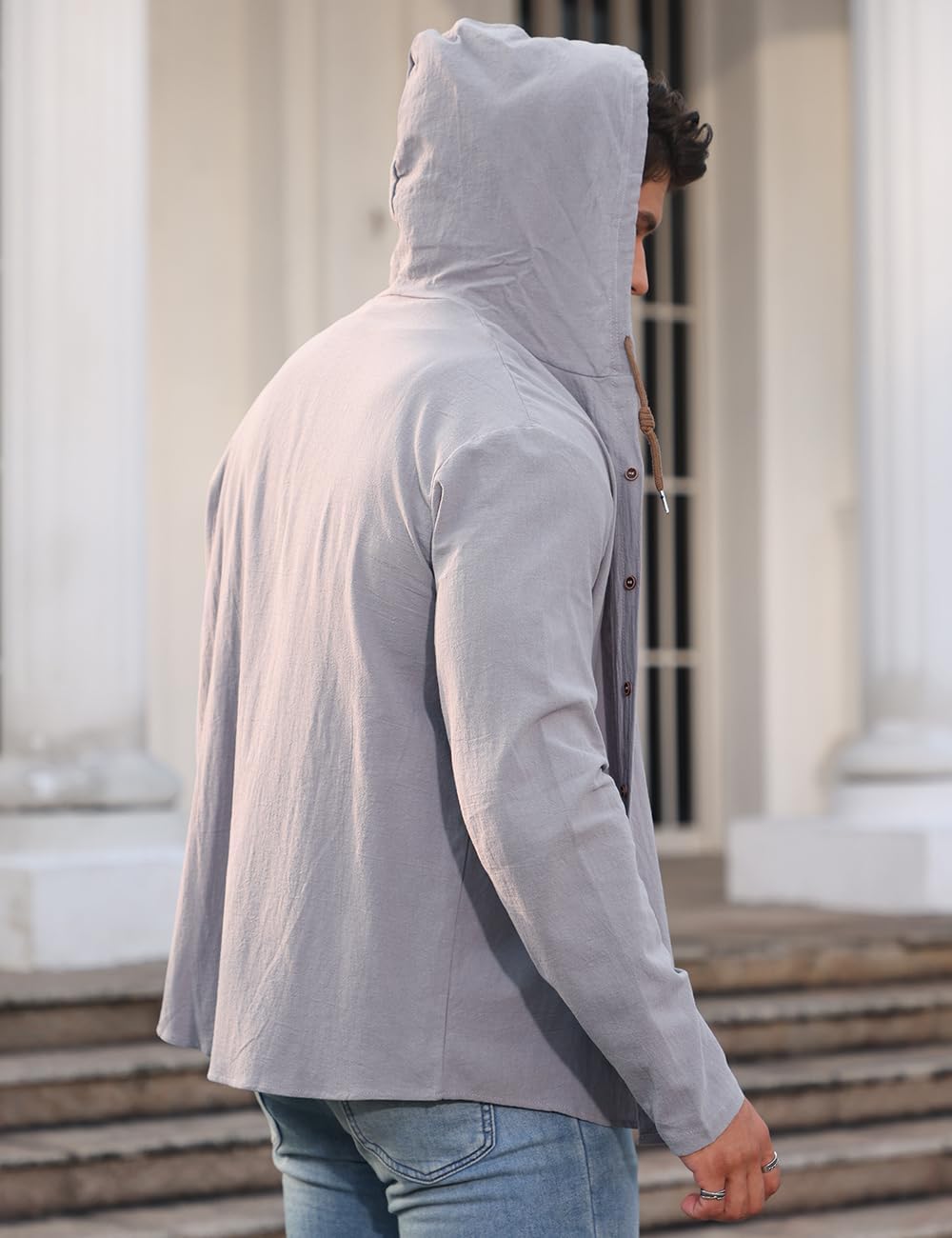 Mens Cotton Linen Button Down Hoodies Long Sleeve Casual Hoodies Hawaiian Beach Top Lightweight Fashion Shirts - Image 5