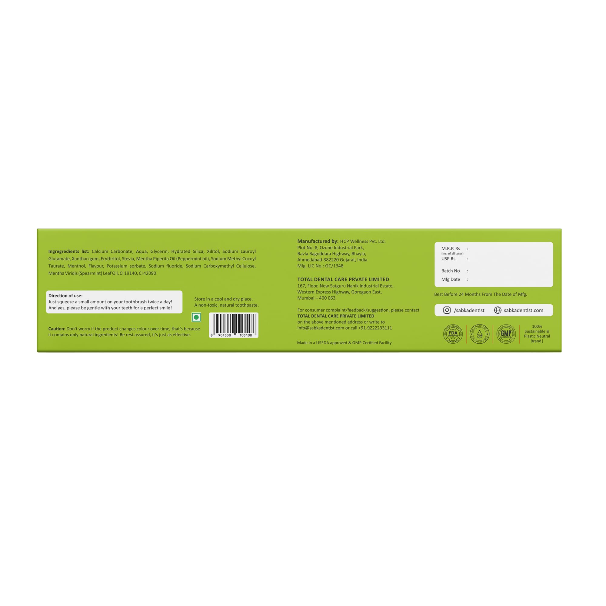 Sabkadentist Toothpaste | Pack of 3 (3 x 100g) | Green Apple Flavoured — Flash AI Score 80/100