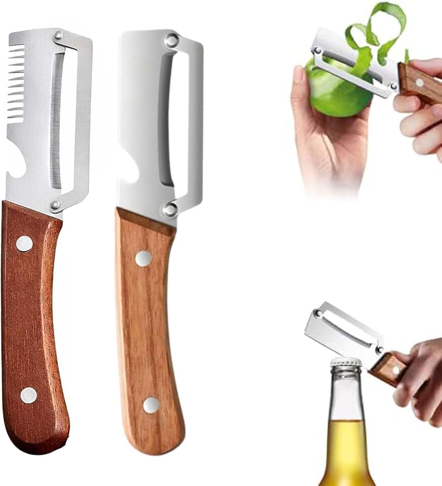 Multi-Functional Vegetable Peeler for Kitchen, Multi Functional Peelers with Wooden Handle and Bottle, Ultra-Sharp Stainless Steel Blade &amp; Ergonomic Wood Handle for Fruit Veggie Pumpkin (All)