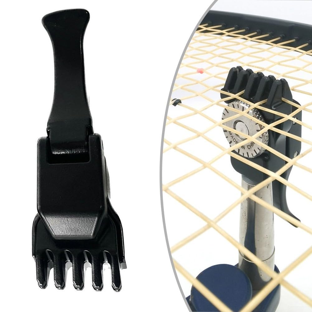 Besaitungswerkzeug für Tennis- und Badmintonschläger aus Metall mit fliegender Klemme und verstellbarem Basisclip für 12 mm Säulendurchmesser, Schwarz