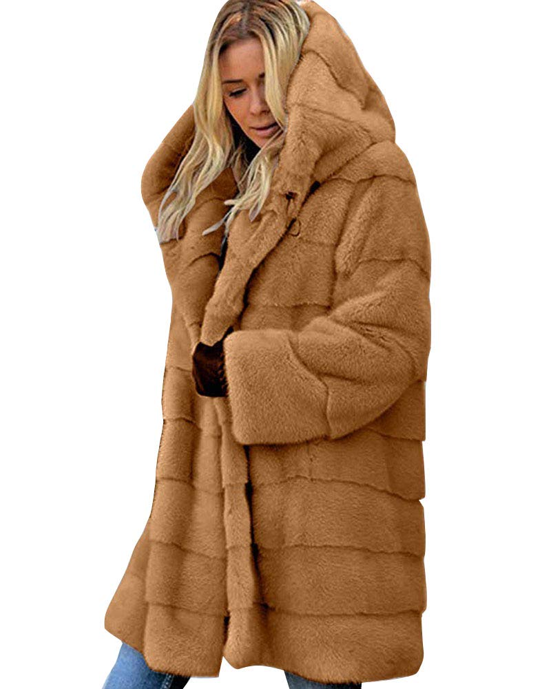 Donna Lungo Morbido Cappotto in Pelliccia Sintetica con Cappuccio Tinta Unita Autunno Inverno Cappotto Cardigan Giacca Calda