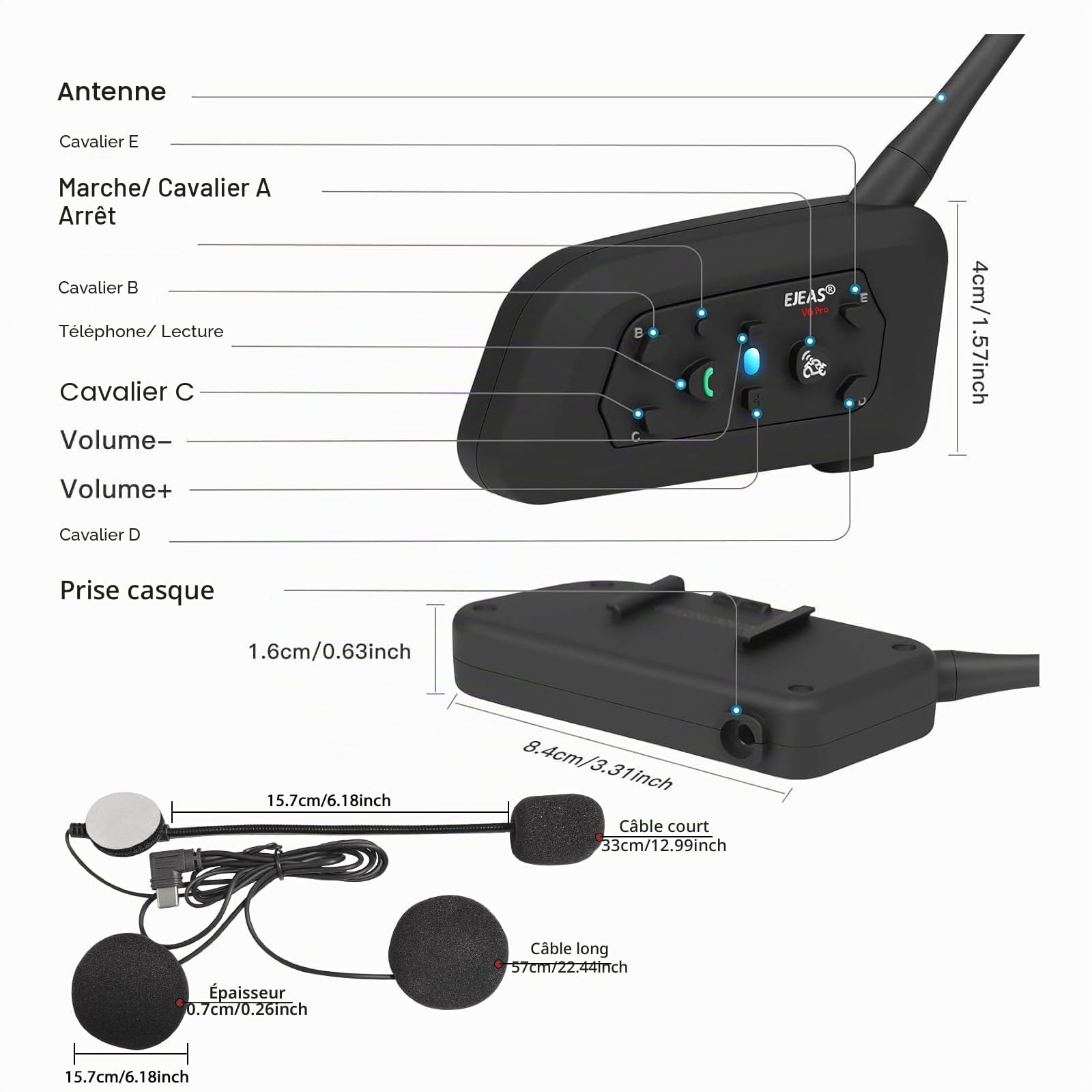 EJEAS V6 Intercom Moto Bluetooth, Main Libre Casque Duo pour 6 Conducteurs Système de Communication Interphone Moto avec Suppression Bruit pour Casque Motocyclette/ATV, USB-C (2 Paquets)