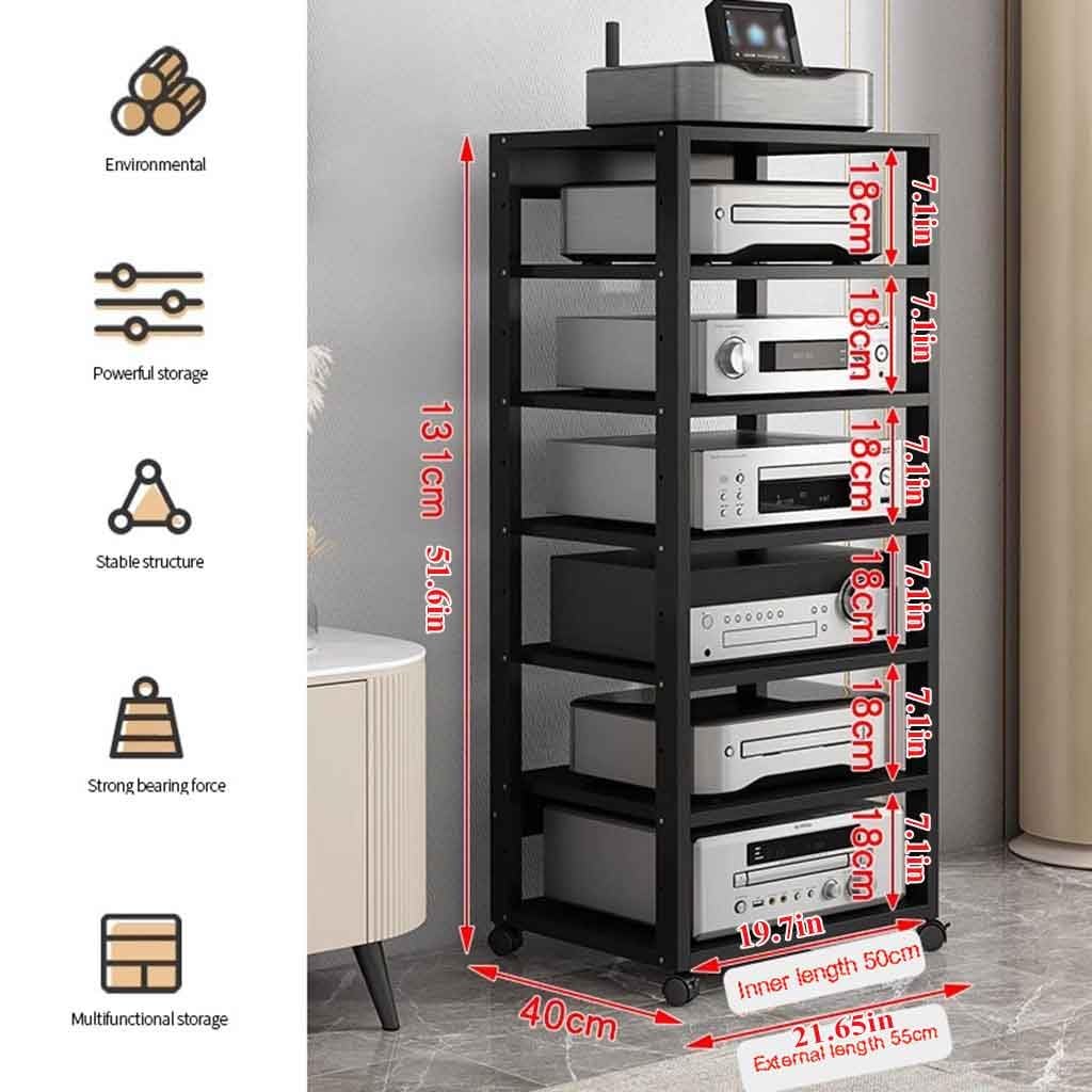 Mobile stereo hi fi rack hifi Av media stand a 7 livelli con ruote e supporto regolabile in altezza, armadio rack audio per soggiorno, sala teatro, ripiano rack amplificatore, centro intratte(Nero)