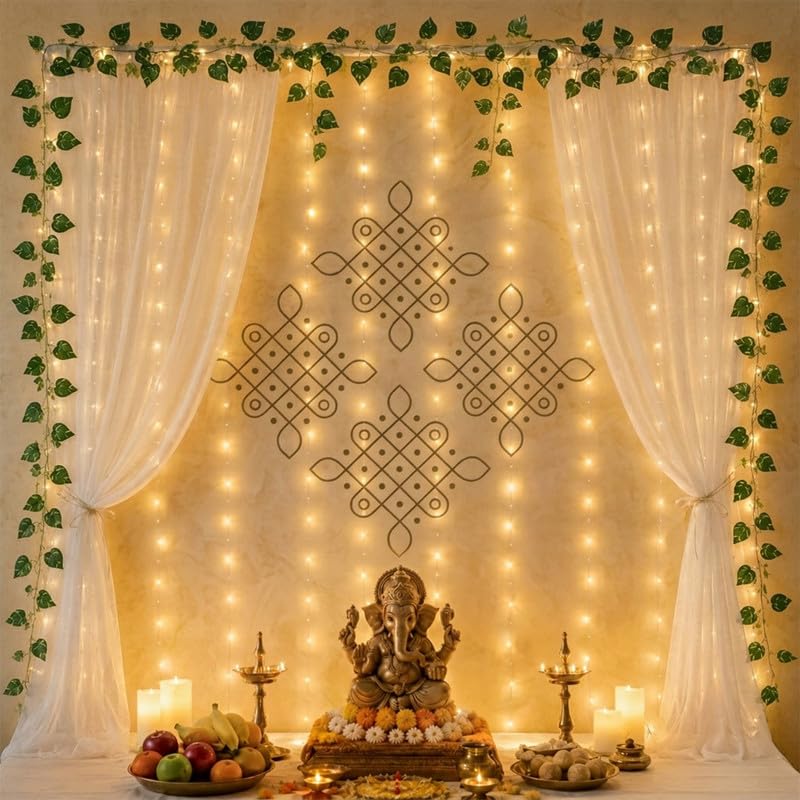 Image of SpecialYou Ganesh Decoration Setup for Home with White Backdrop Cloth for Decoration Pooja, Kolam Sticker with Green Vines, Ganpati Backdrop Decoration -10 Pcs