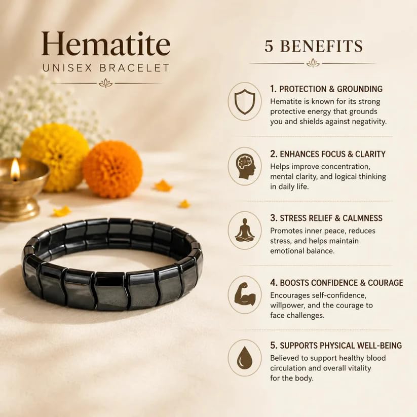 Image of Certified Natural Hematite Bracelet for Men & Women | Stretch Beaded Gemstone Bracelet | Lab Certified | Black Hematite Crystal Bracelet for Daily Wear, Meditation & Spiritual Practices
