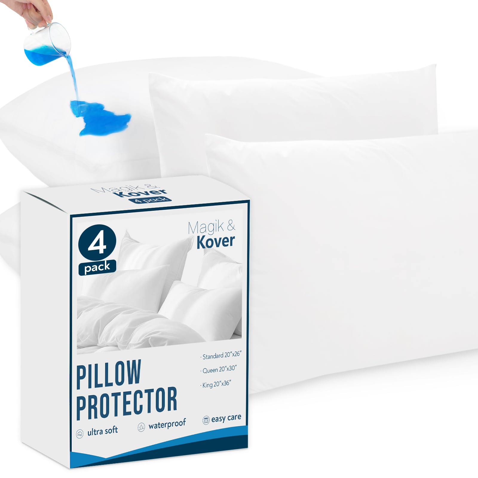 Pillow Protector 4 Pack Waterproof, 20 x 26 Inches Pillow Protectors with Zipper Standard Size, Breathable Waterproof Pillow Protector, White Pillow Covers Machine Washable