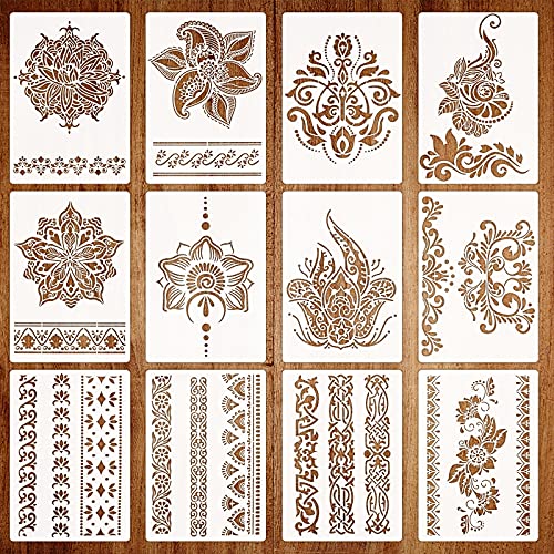 12Pcs Mandala Border Stencils for Painting on Wood, Flower Border Stencils Reusable DIY Craft Stencils for Floor Wall Tile Fabric Furniture Stencils Painting