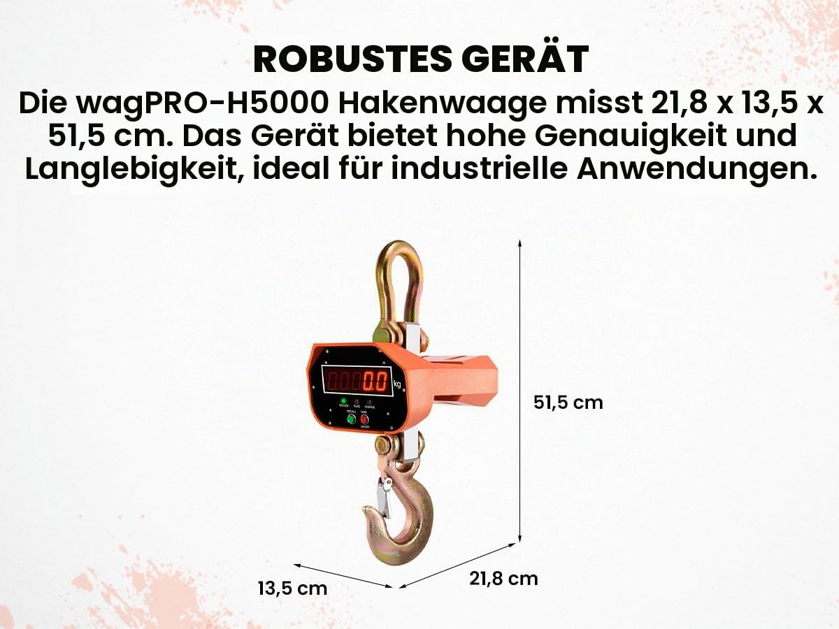 HDWR wagPRO-H5000 Kranwaage 5 t, industrielle Hakenwaage, Fernbedienung | Kapazität 5000 kg, Genauigkeit 2000 g, Tara, Digitalanzeige, kg und lb