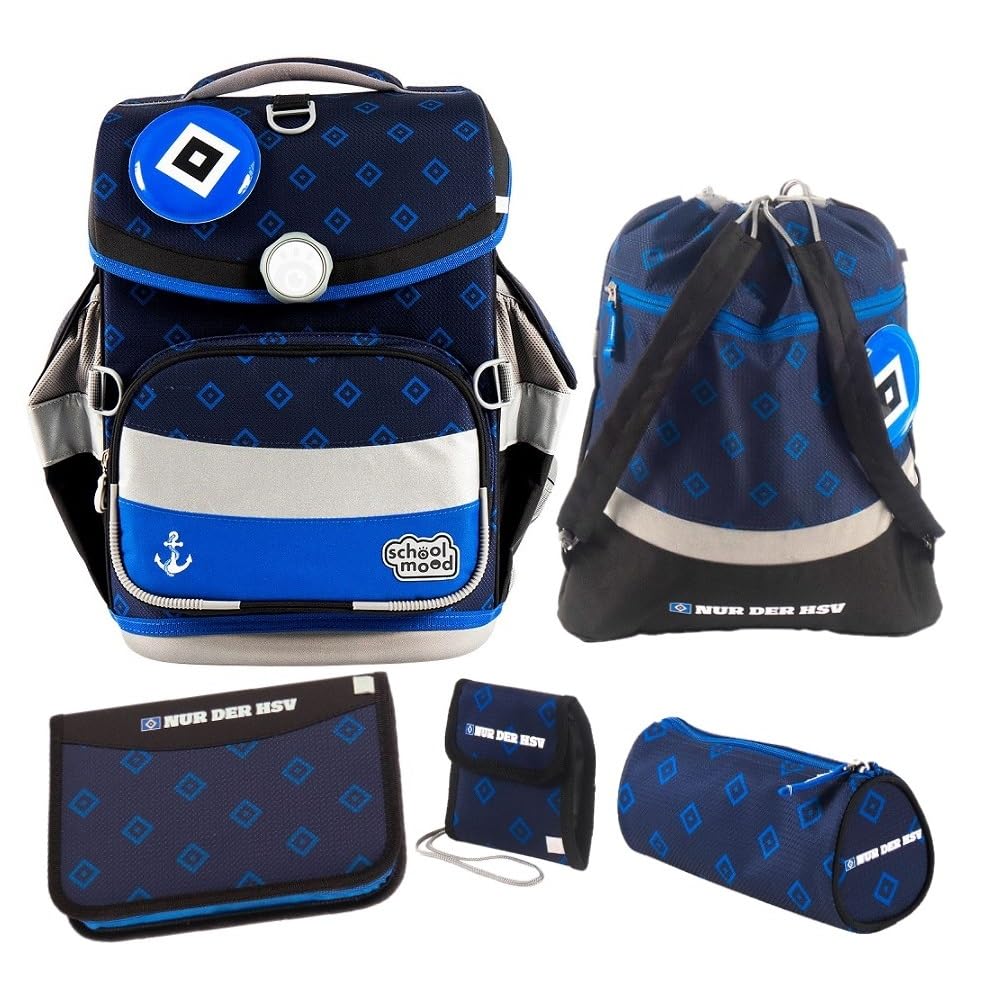 Familando - School Mood Timeless Air+ Schulranzen Set - 6-teilig mit Federmappe - HSV Fußball Verein - 980g leicht mit 23L Volumen - mit höhenverstellbarem System & Reflektoren- Ab 1. Klasse