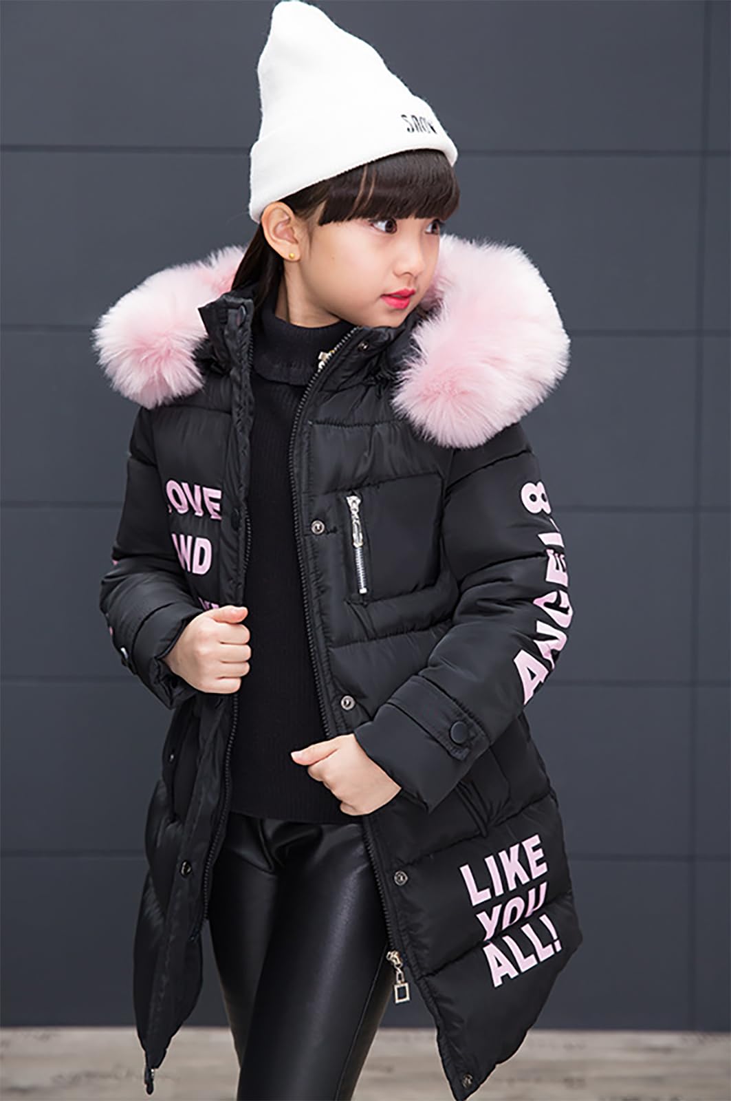 Chaqueta de plumas para niña, diseño de parka con capucha, abrigo largo, chaqueta de piel sintética cálida