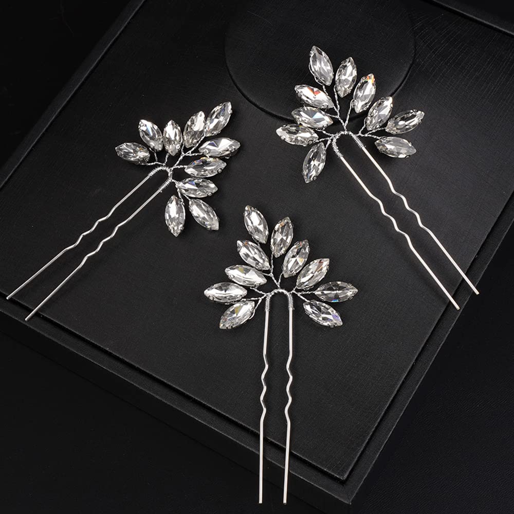 Chargances 3pcs Bride Silver Crystal Hair Pins Wedding Rhinestone Hair Pins Boho Dainty Handmade Hair Accessories for Women and Girls (Silver) - Image 3