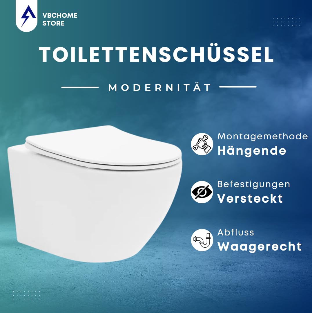 VBChome WC sospeso senza bordi in ceramica con coperchio WC WC in Duroplast abbassamento automatico Rimless SoftClose, WC ovale a forma di parete, WC